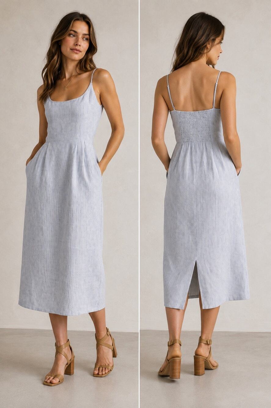 Quince European Linen Scoop Neck Midi Dress Blue Pin Stripe Women’s XS Coastal